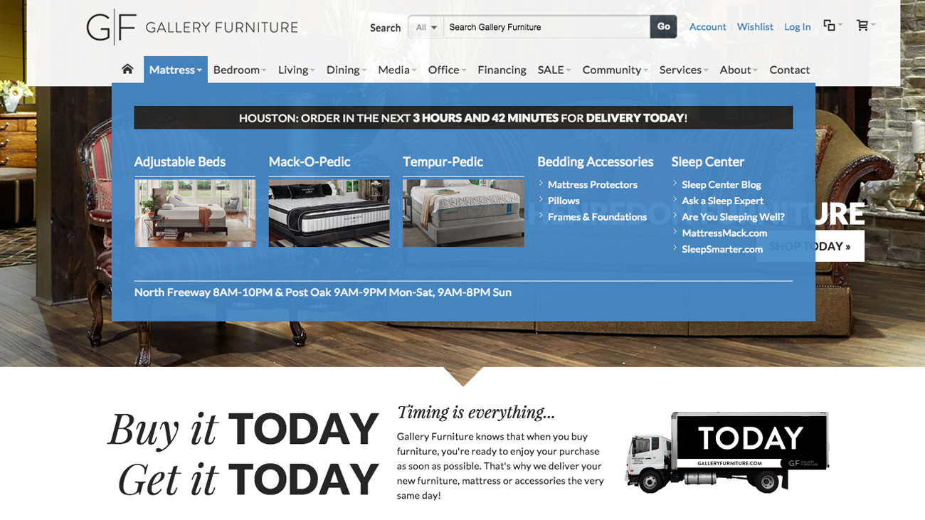 GalleryFurniture.com's home page packs a punch with an eye-popping HD video hero, visual mega menu, and repeated calls to its greatest USP - same day delivery for Houston.
