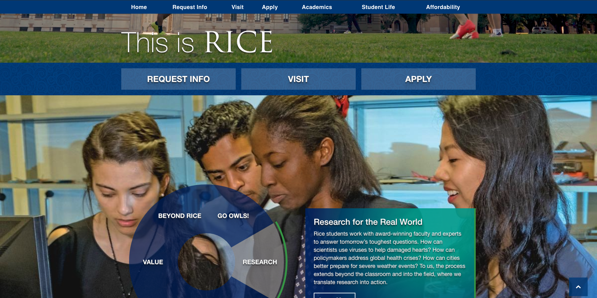 Rice admission homepage, actions and exploration
