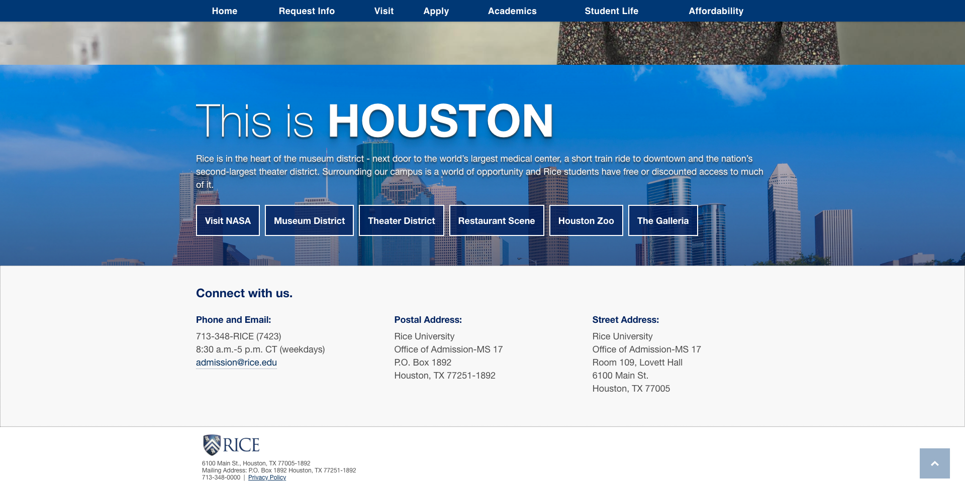 Rice admission homepage, this is Houston and contact